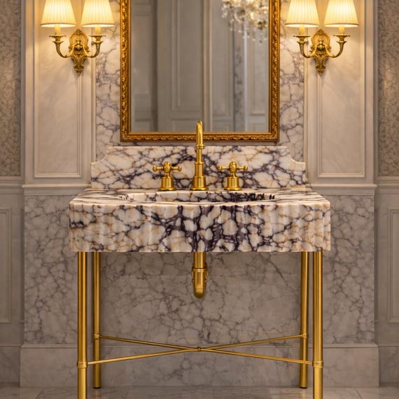 Calacatta Viola Marble Sink | Fluted Vanity Top with Optional Backsplash | Handmade Italian Bathroom Basin