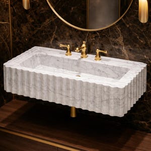 White Carrara Marble Ribbed Sink Basin Wall Hung - Modern Luxury Natural Stone Bathroom Vanity image 4