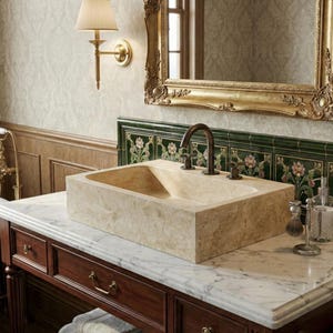 May include: A rectangular beige stone sink with a dark bronze faucet is set on a marble countertop. The sink is mounted on a dark wood vanity with brass hardware. A gold-framed mirror hangs above the sink, reflecting the room's details.