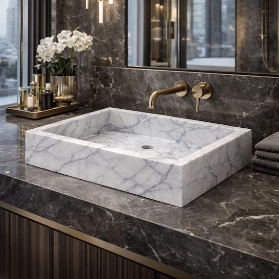 Italian Carrara White Marble Sink – Handmade Minimal Rectangular Bathroom Vanity Washbasin