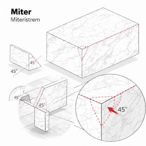 May include: Diagram illustrating the miter joint technique, featuring a marble-patterned block with 45-degree angles. The text "Miter Miteristrem" is displayed at the top. Includes close-up views and angle measurements.