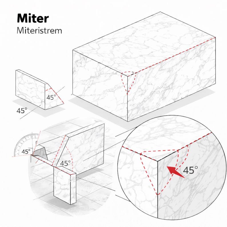 May include: Diagram illustrating the miter joint technique, featuring a marble-patterned block with 45-degree angles. The text "Miter Miteristrem" is displayed at the top. Includes close-up views and angle measurements.