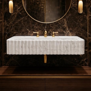 White Carrara Marble Ribbed Sink Basin Wall Hung - Modern Luxury Natural Stone Bathroom Vanity image 3