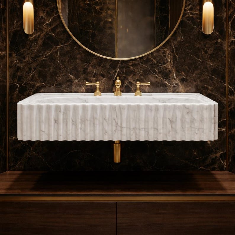 White Carrara Marble Ribbed Sink Basin Wall Hung - Modern Luxury Natural Stone Bathroom Vanity image 3