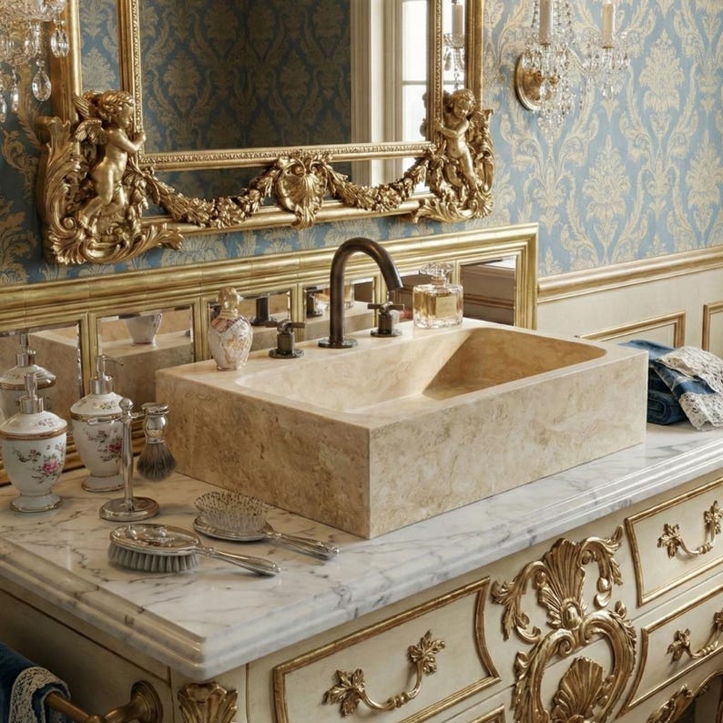 May include: A luxurious bathroom vanity with a rectangular stone sink, ornate gold-framed mirror, and decorative accessories. The vanity features a marble countertop and cream-colored cabinetry with gold accents. The mirror is adorned with cherub figures.