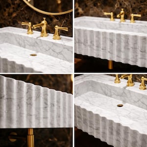 White Carrara Marble Ribbed Sink Basin Wall Hung - Modern Luxury Natural Stone Bathroom Vanity image 10