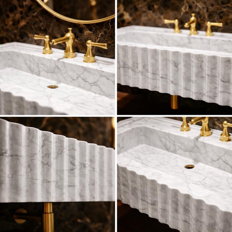 White Carrara Marble Ribbed Sink Basin Wall Hung - Modern Luxury Natural Stone Bathroom Vanity image 10