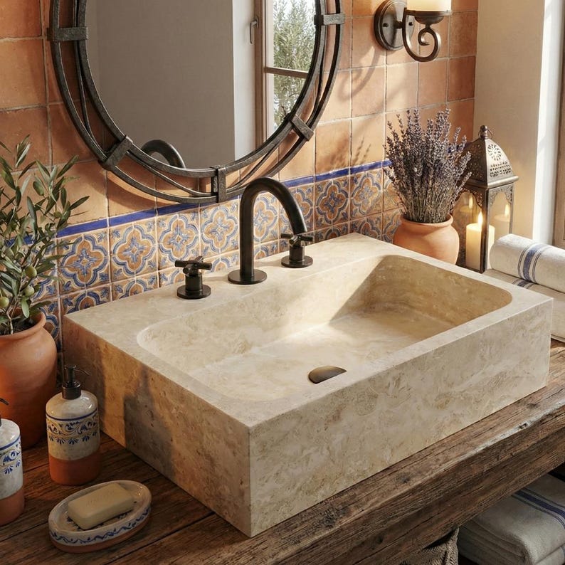 May include: A rectangular, beige stone bathroom sink with a black faucet and fixtures. The sink is set on a wooden vanity with decorative items, including a mirror, candles, and a soap dish. The background features patterned tiles.
