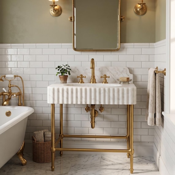 Carrara White Marble Sink | Sculpted Fluted Vanity Top with Custom Backsplash Option | Handcrafted Natural Stone Bathroom Basin