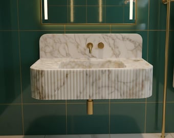 Calacatta Gold Marble Sink - Luxury Bathroom Fluted Desing - Wall Mounted