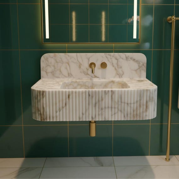 Calacatta Gold Marble Sink - Luxury Bathroom Fluted Desing - Wall Mounted