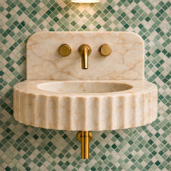 Calacatta Gold Marble Wall Mounted Sink – Fluted Design with Integrated Backsplash