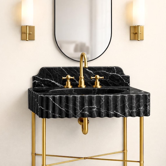 Taurus Black Marble Fluted Sink, Ribbed Stone Vanity, Custom Luxury Bathroom Washbasin Decor