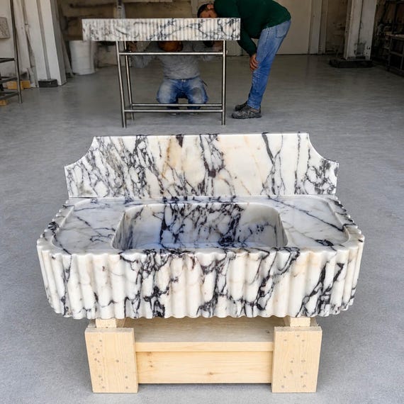 Calacatta Viola Marble Fluted Vanity Sink, Luxury Handmade Bathroom Basin, Custom Stone