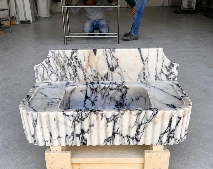 Featured listing image: Calacatta Viola Marble Fluted Vanity Sink, Luxury Handmade Bathroom Basin, Custom Stone