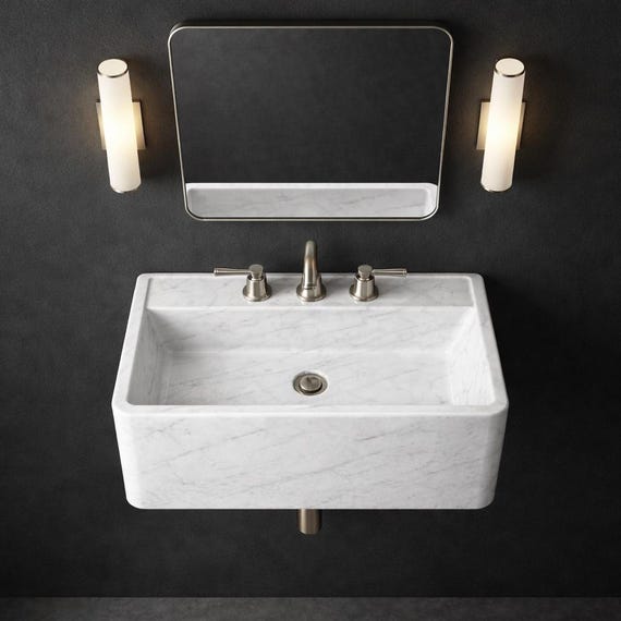 Luxury Carrara White Marble Rectangular Integrated Sink with Distinct Gray Veining