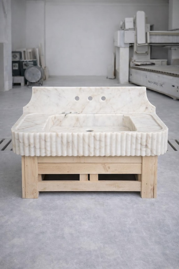 Calacatta Gold Marble Fluted Sink for Luxury Bathrooms | Wall-Mounted Design