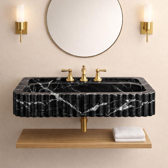 Nero Marquina Fluted Marble Sink, Wall Mounted Stone Basin, Luxury Black Vanity Decor