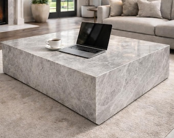 Modern Tundra Grey Marble Plinth Coffee Table - Minimalist Stone Block