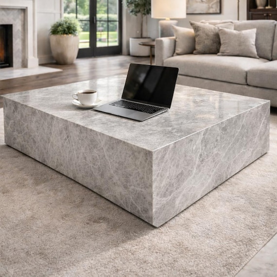 Modern Tundra Grey Marble Plinth Coffee Table - Minimalist Stone Block