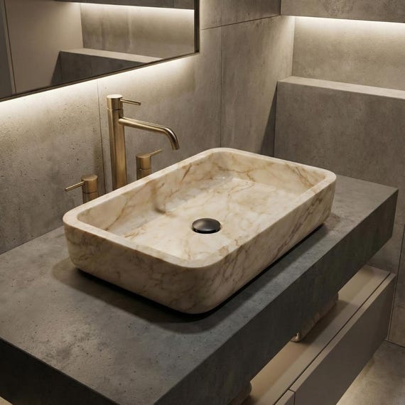 Calacatta Viola Marble Sink, Rectangular Vessel Basin, Luxury Modern Natural Stone Washbasin