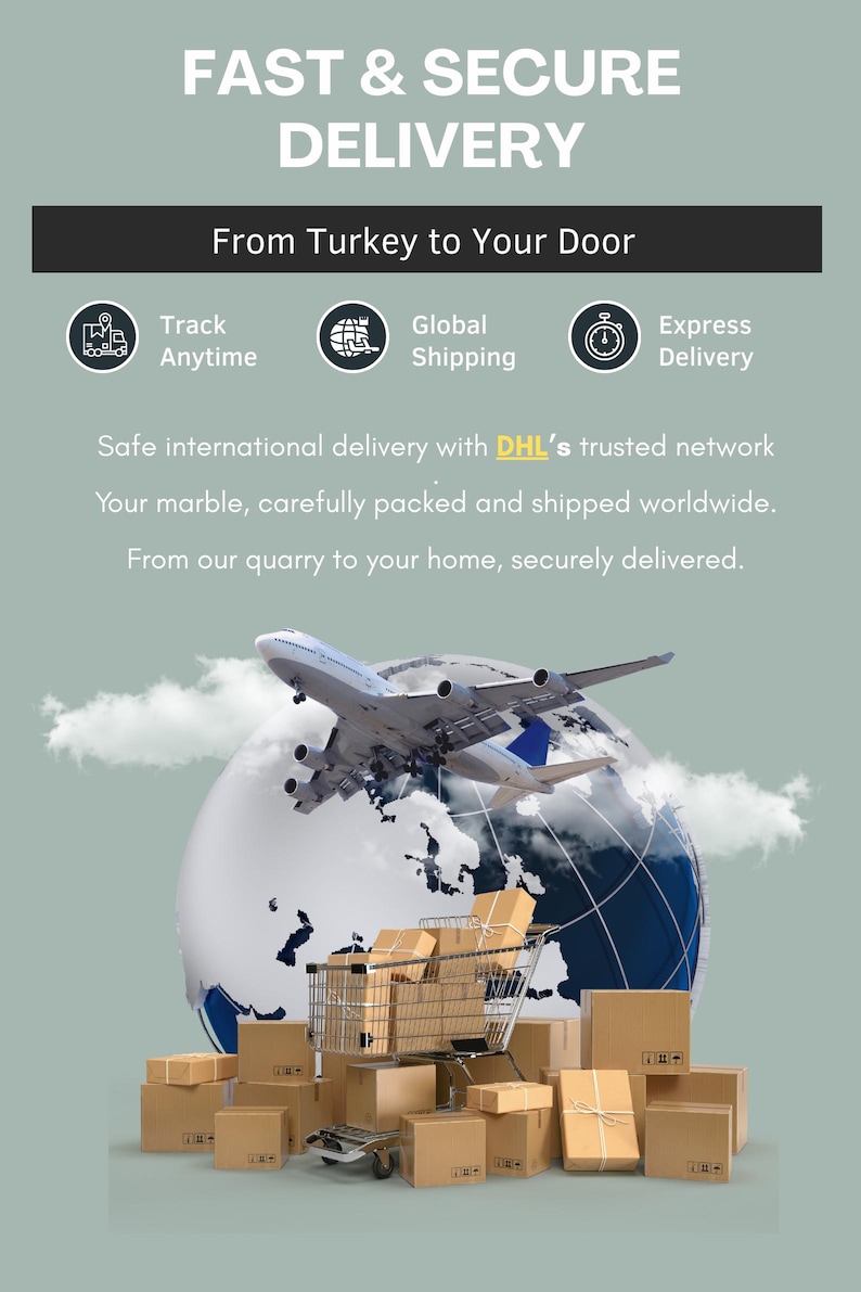 May include: An image advertising fast and secure delivery services. A globe with an aeroplane overhead, surrounded by cardboard boxes and a shopping trolley. Text includes "FAST & SECURE DELIVERY" and "From Turkey to Your Door."