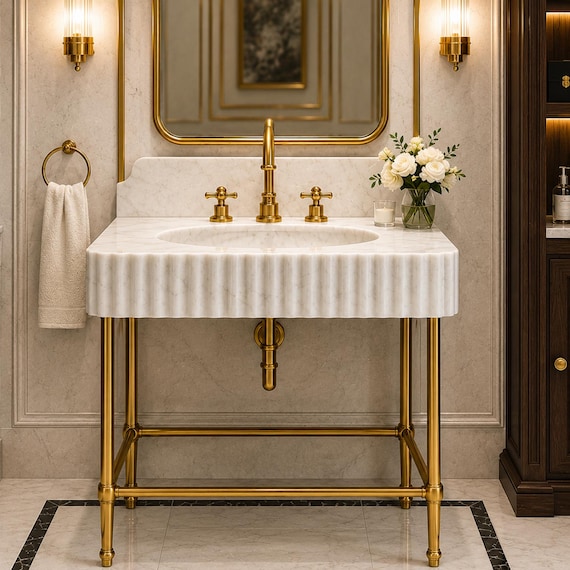 Carrara White Marble Sink | Architectural Fluted Vanity with Optional Marble Backsplash | Handcrafted Luxury Bathroom Basin