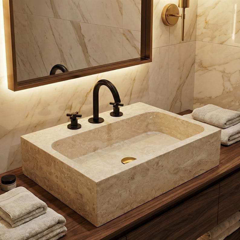 May include: A rectangular beige stone bathroom sink with a black faucet and fixtures. The sink has a rounded interior and a gold-colored drain. The sink is set on a dark wood vanity with a mirror and towels in the background.