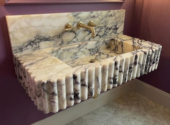 Calacatta Viola Marble Fluted Wall Sink | Integrated Vanity Top, Natural Stone Basin