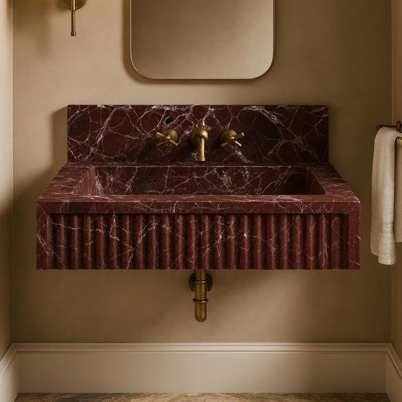 Rosso Marble Fluted Wall Sink with Backsplash, Handcrafted Wall Mounted Basin, Ribbed Stone Vanity