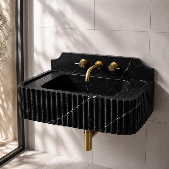 Taurus Black Marble Sink – Fluted Luxury Floating Vanity