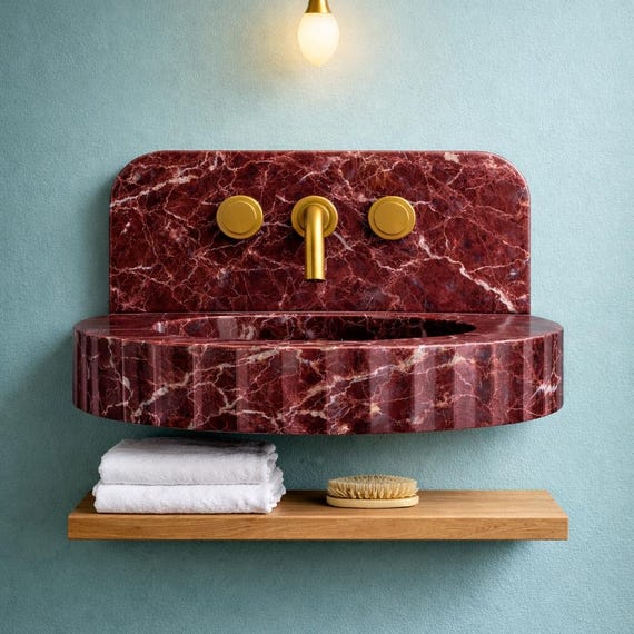 Rosso Levanto Marble Wall Mounted Sink – Fluted Design with Integrated Backsplash