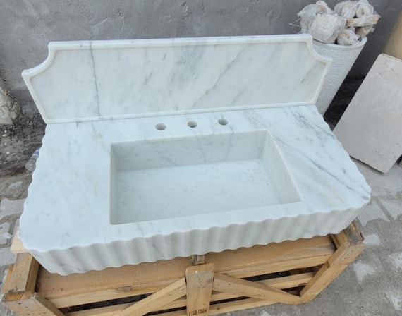 Carrara White Marble Wall-Mounted Sink | Fluted Front Vanity with Integrated Backsplash | Handmade Italian Bathroom Basin