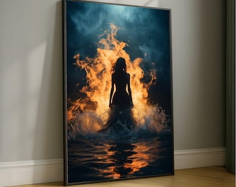 Fiery Silhouette Canvas, Woman with Flames Wall Art, Dramatic Fire and Water Canvas, Mystical Home Decoration, Bold Visual Statement