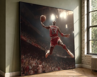 Iconische basketbal dunk canvas muurkunst, sportactie shot, Red Bulls Jersey, decor atletisch interieur, dynamisch basketbal canvas