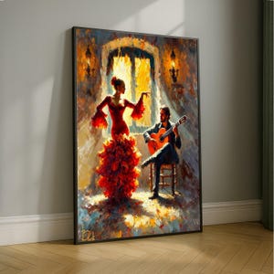 May include: A framed painting depicts a flamenco dancer in a vibrant red dress with a ruffled skirt, and a guitarist. The artwork has a warm color palette with a focus on the figures and the light from a window.