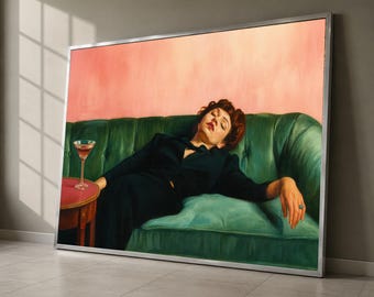 Edward Hopper Style Woman Green Sofa Canvas Painting, Emotional Vintage Wall Art