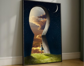 Surreal Keyhole Canvas Art, Sunset Landscape, Starry Night