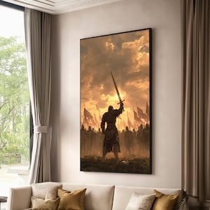 May include: A framed canvas print depicts a warrior raising a sword against a dramatic sunset. The artwork features a medieval theme with a crowd of soldiers and flags in the background, rendered in warm, earthy tones.