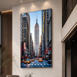 New York City Street Scene Canvas, Empire State Building Wall Art, Urban Taxi Artwork