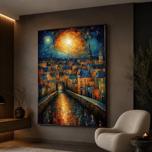 Vibrant Moonlit Cityscape Canvas Wall Art, Abstract Urban Scene by Leonid Afremov, Night Skyline Reflection, Modern Colorful City Canvas