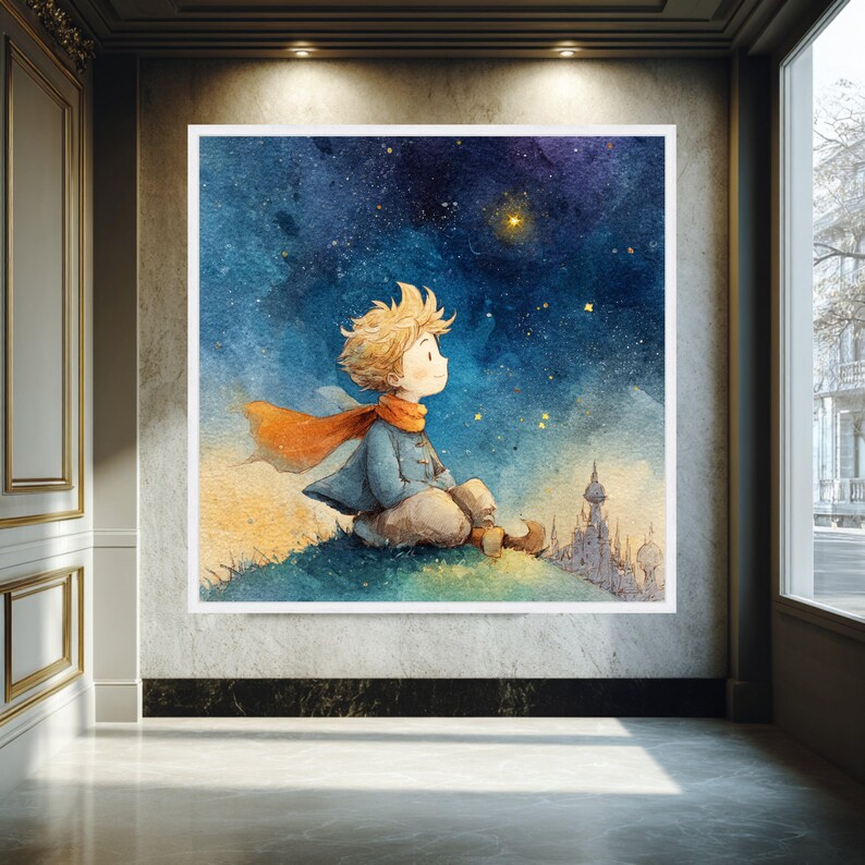 The Little Prince Stargazing Canvas, Whimsical Child Illustration, Fantasy Night Sky Wall Art, Dreamy Kids Room Decor, Hand Painted Style image 4