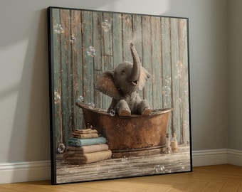 Playful Baby Elephant in Vintage Bathtub Canvas, Cute Animal Wall Art, Nursery Room Decor, Whimsical Baby Shower Gift, Kids Bathroom Canvas