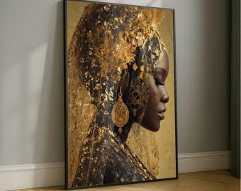 Regal African Queen Portrait Canvas, Gold Embellished Woman Wall Art, Ethnic Home Decoration, Luxury Canvas Print, Ready to Hang