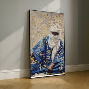 May include: Framed artwork showing a person in a blue robe with gold detailing and a white head covering. The background has gold calligraphy on a grey surface. The person is pouring liquid from a gold teapot.