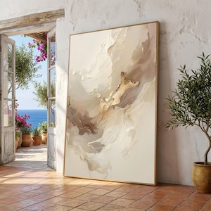 Abstrakcyjne płótno w neutralnych tonach, nowoczesna sztuka ścienna, beżowy i kremowy wystrój domu, elegancki obraz na płótnie, współczesny akcent we wnętrzu