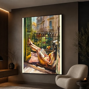 Woman Reading on Balcony Large Wall Art, Sunlit Watercolor Figure Painting for Bedroom Decor and Contemporary Home