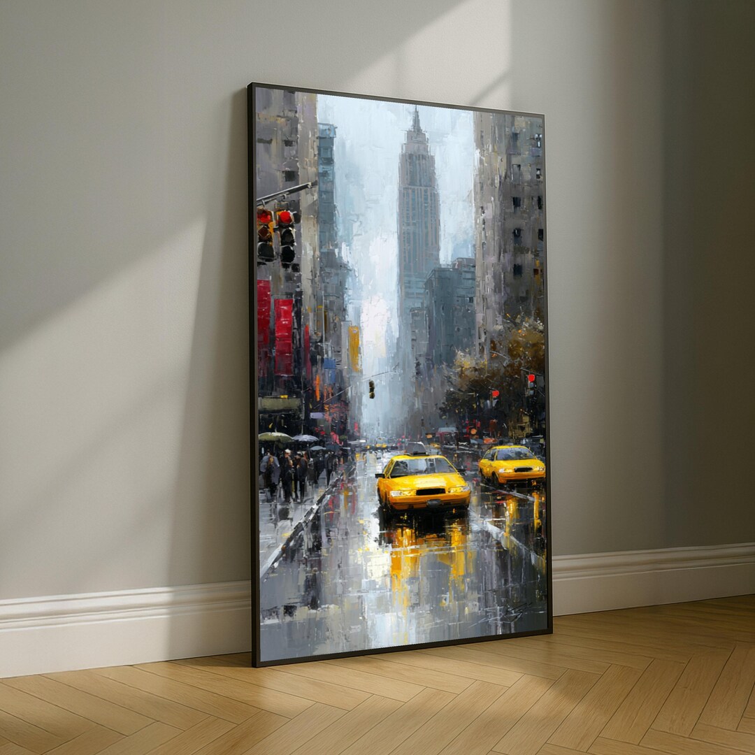 Rainy New York City Street Canvas, Yellow Taxi Wall Art, Urban ...