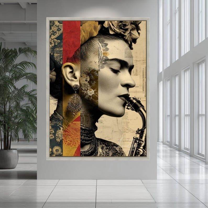 Frida Kahlo artistiek portret canvas, vintage stijl muurkunst, saxofoon muziekthema, Mexicaans icoon huisdecor, moderne boho canvasafdruk afbeelding 5