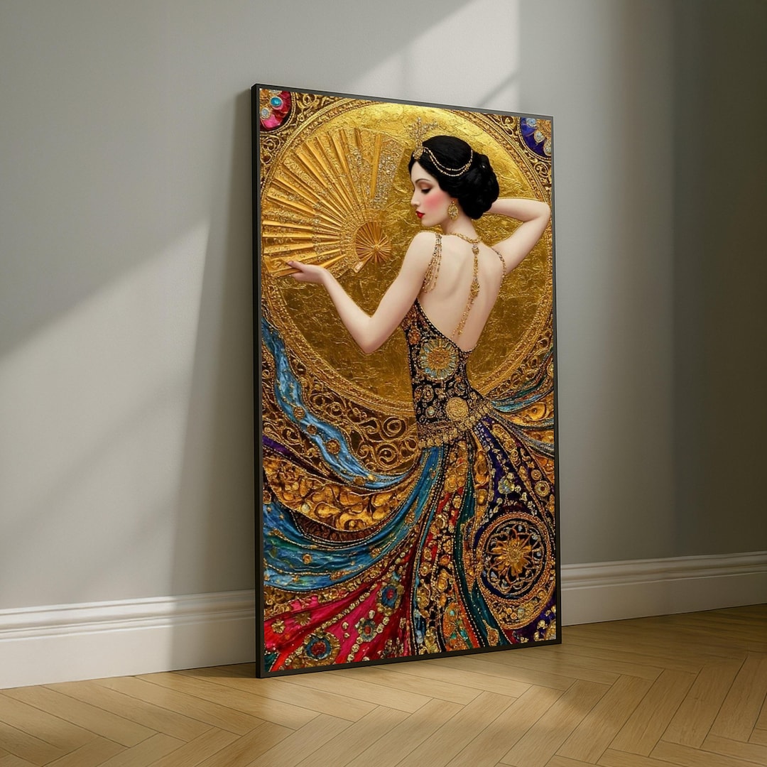 Elegant Woman With Fan Canvas, Gold Embellished Dress Wall Art ...